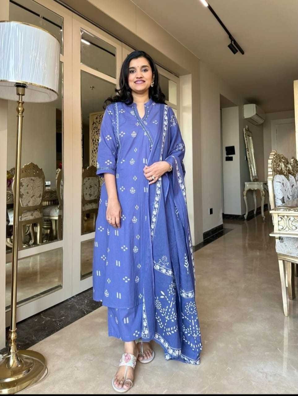 Women’s Cotton Embroidered Anarkali Kurti with Pant and Dupatta Set
