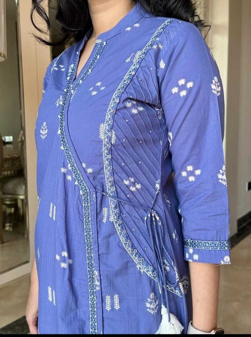 Women’s Cotton Embroidered Anarkali Kurti with Pant and Dupatta Set