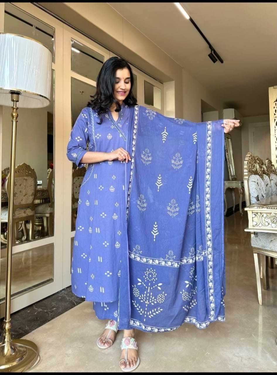 Women’s Cotton Embroidered Anarkali Kurti with Pant and Dupatta Set