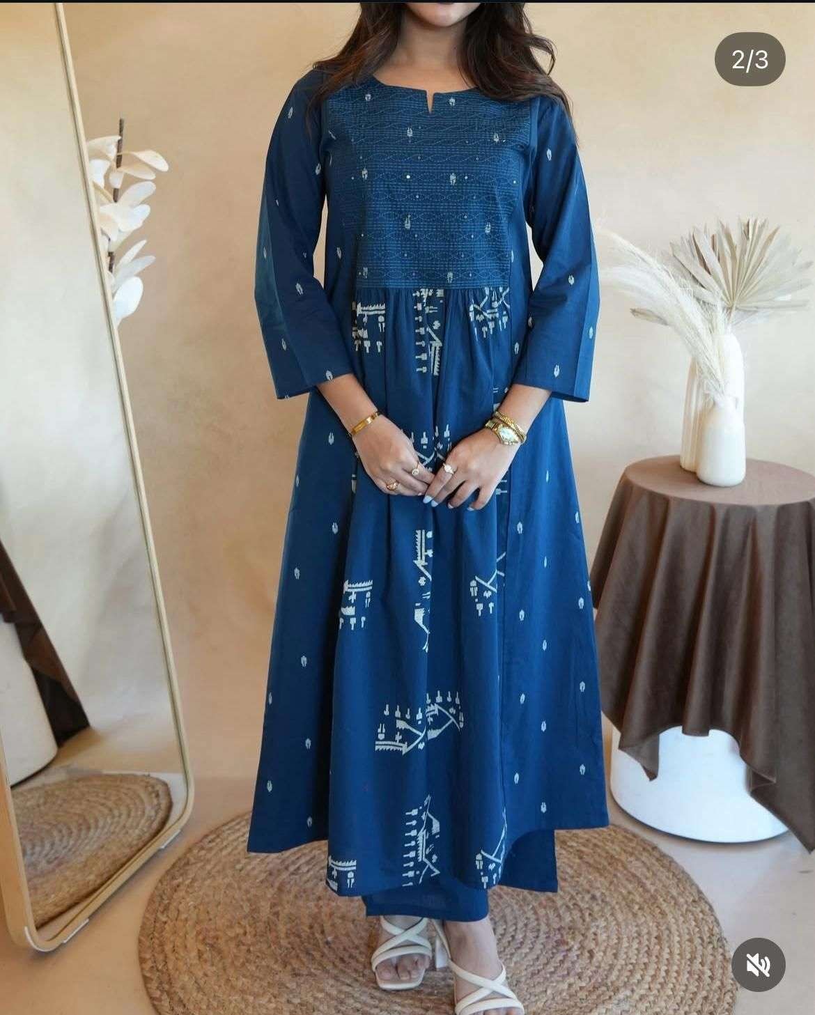 Women’s Cotton Embroidered Anarkali Kurti With Pant Set