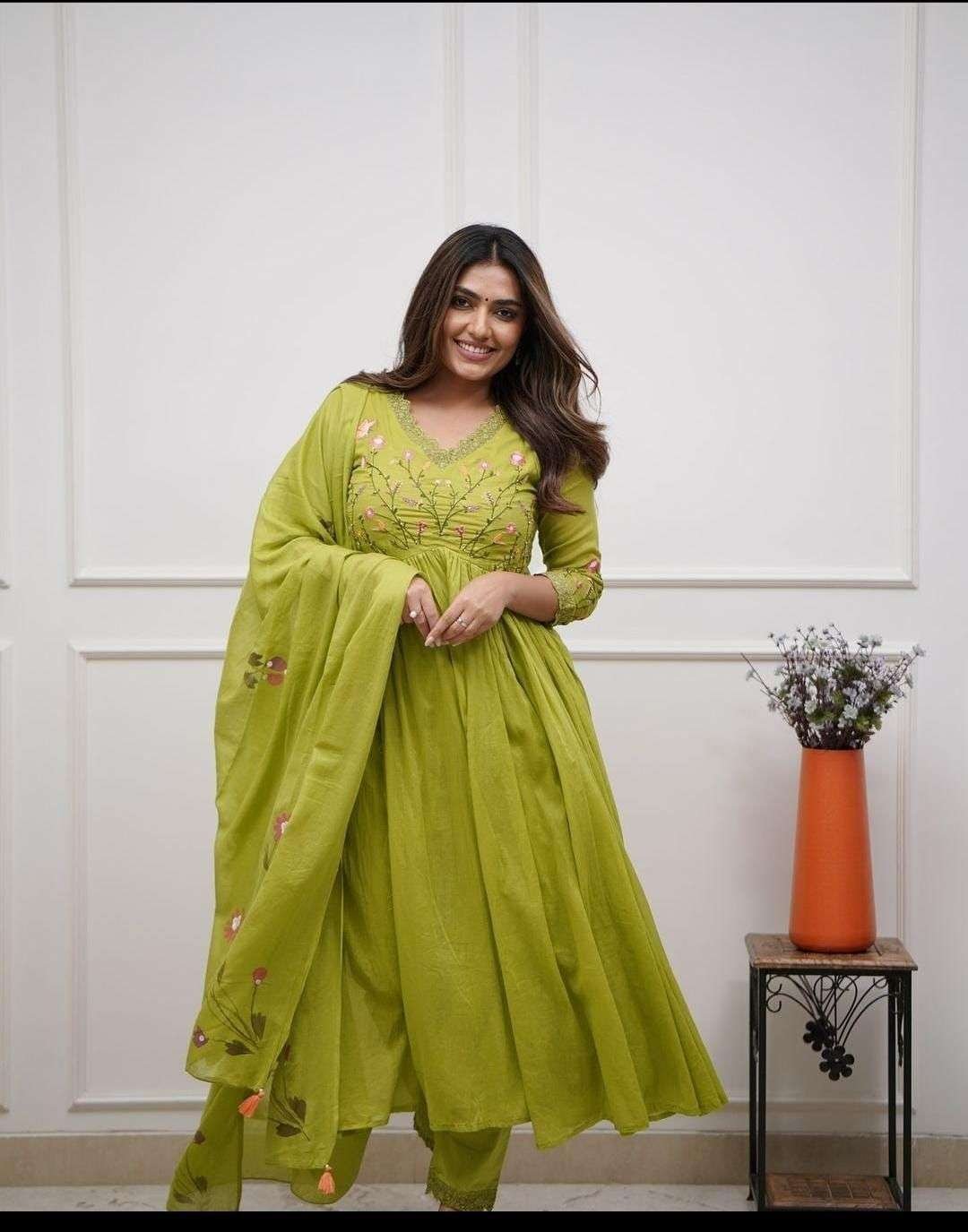 Women’s Cotton Embroidered Long Anarkali Kurti With Pant and Dupatta Set
