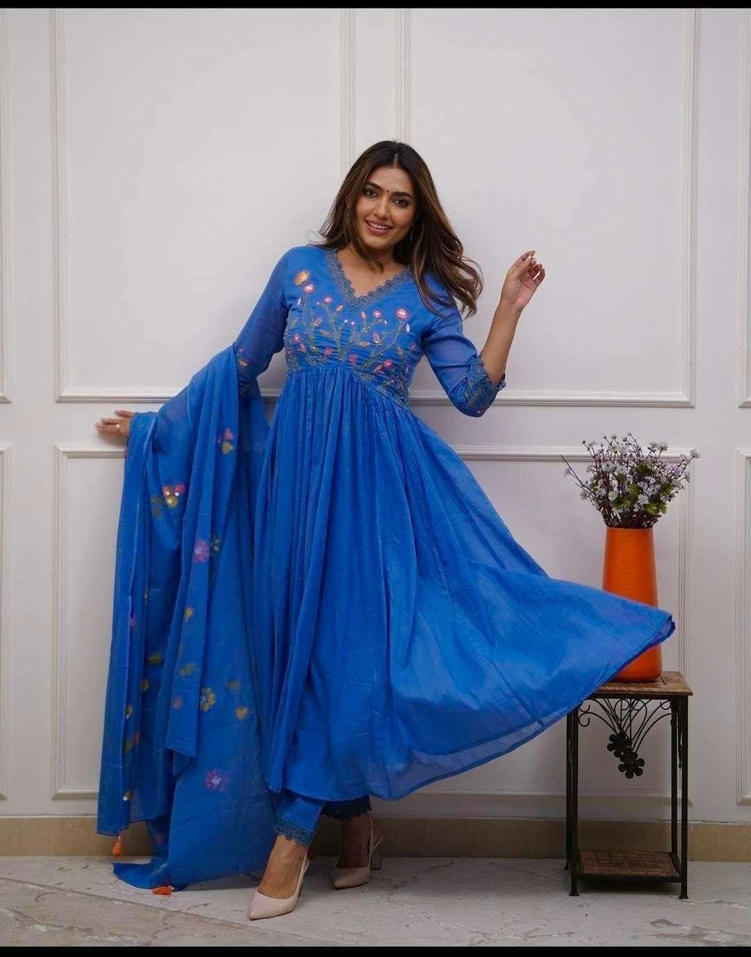 Women’s Cotton Embroidered Long Anarkali Kurti with pant and Dupatta Set