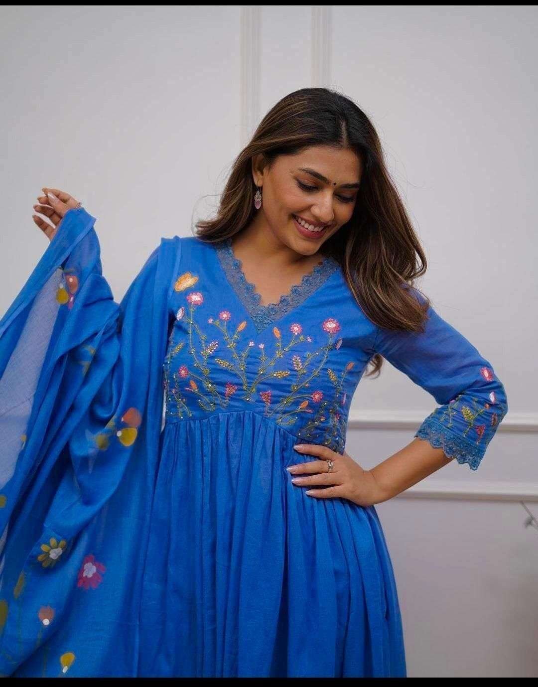 Women’s Cotton Embroidered Long Anarkali Kurti With Pant and Dupatta Set