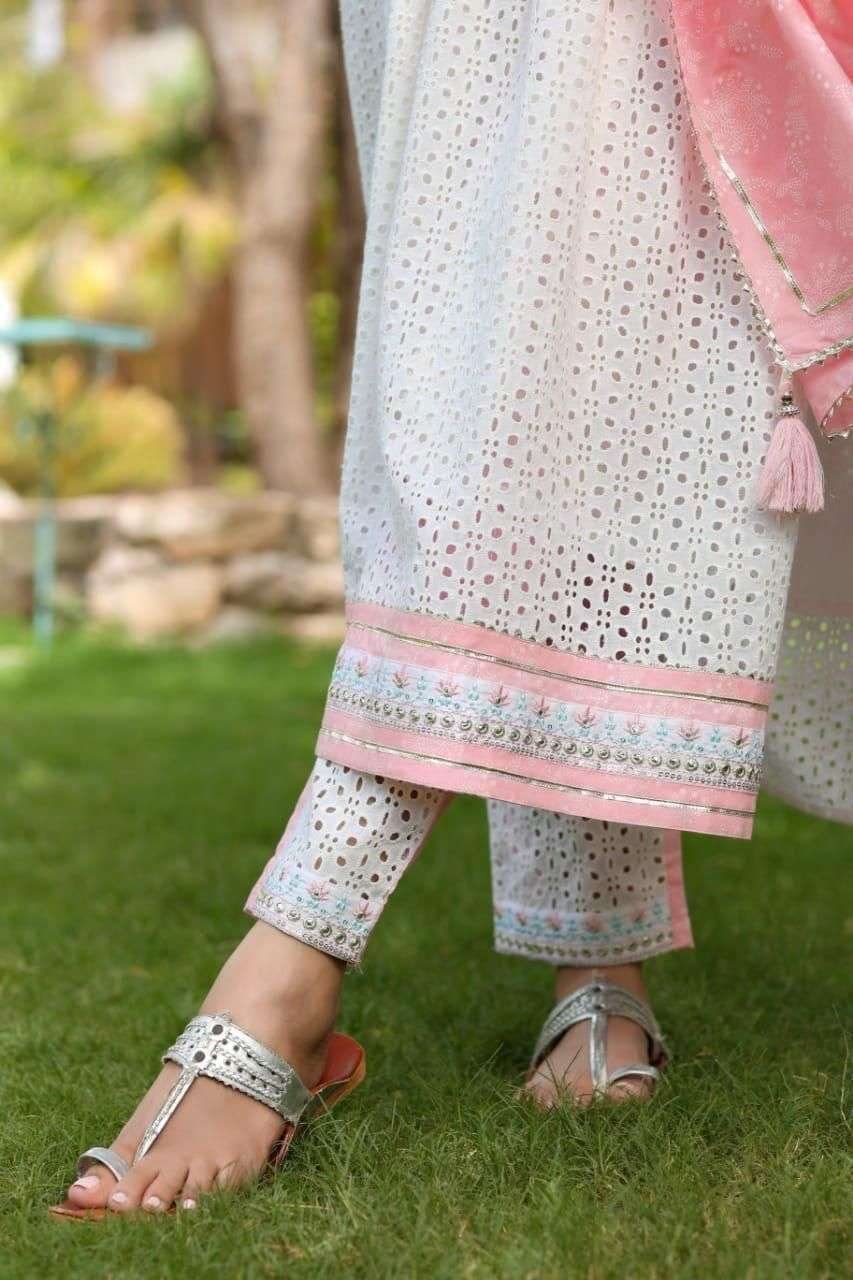 Women’s Cotton Embroidered Nayra Cut Kurti With Pant and Dupatta Set