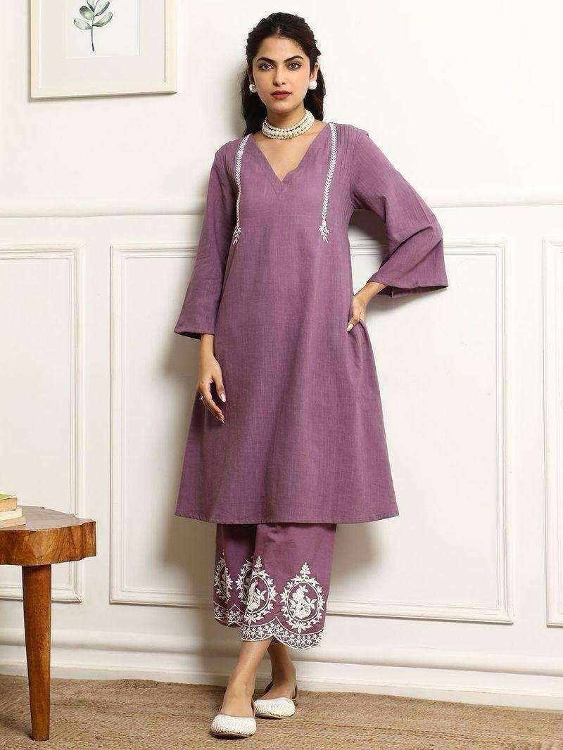 Women’s Cotton Embroidered Straight Kurta & Pant With Dupatta Set (Purple)