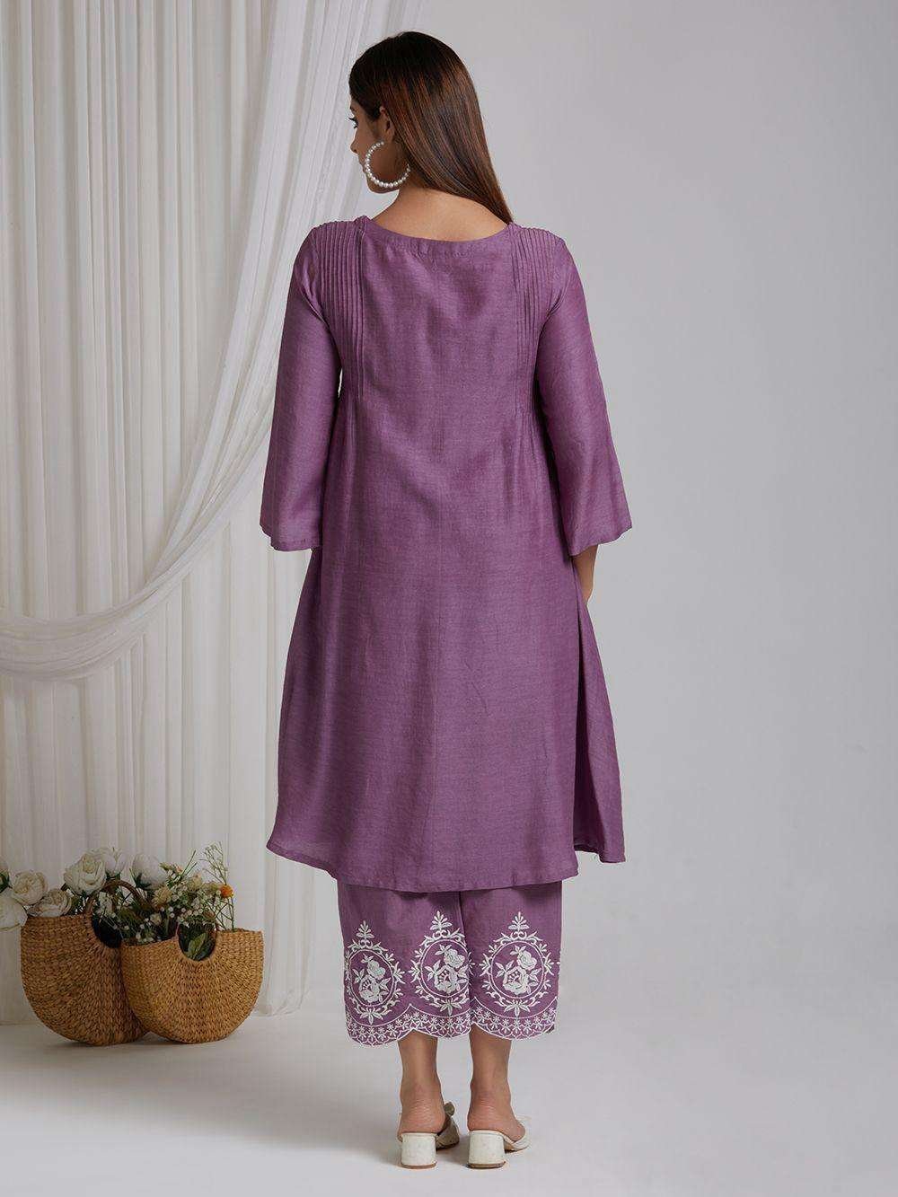 Women’s Cotton Embroidered Straight Kurta & Pant With Dupatta Set (Purple)