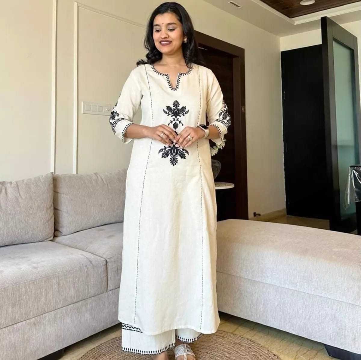 Women’s Cotton Embroidered Straight Kurta with Palazzo (White)