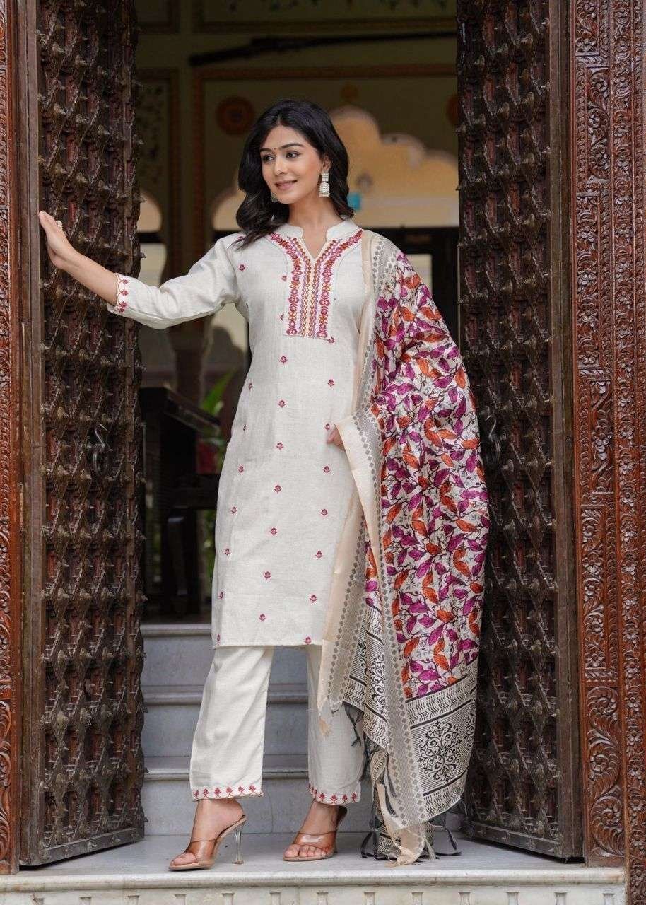 Women’s Cotton Embroidered Straight Kurti With Pant and Dupatta Set