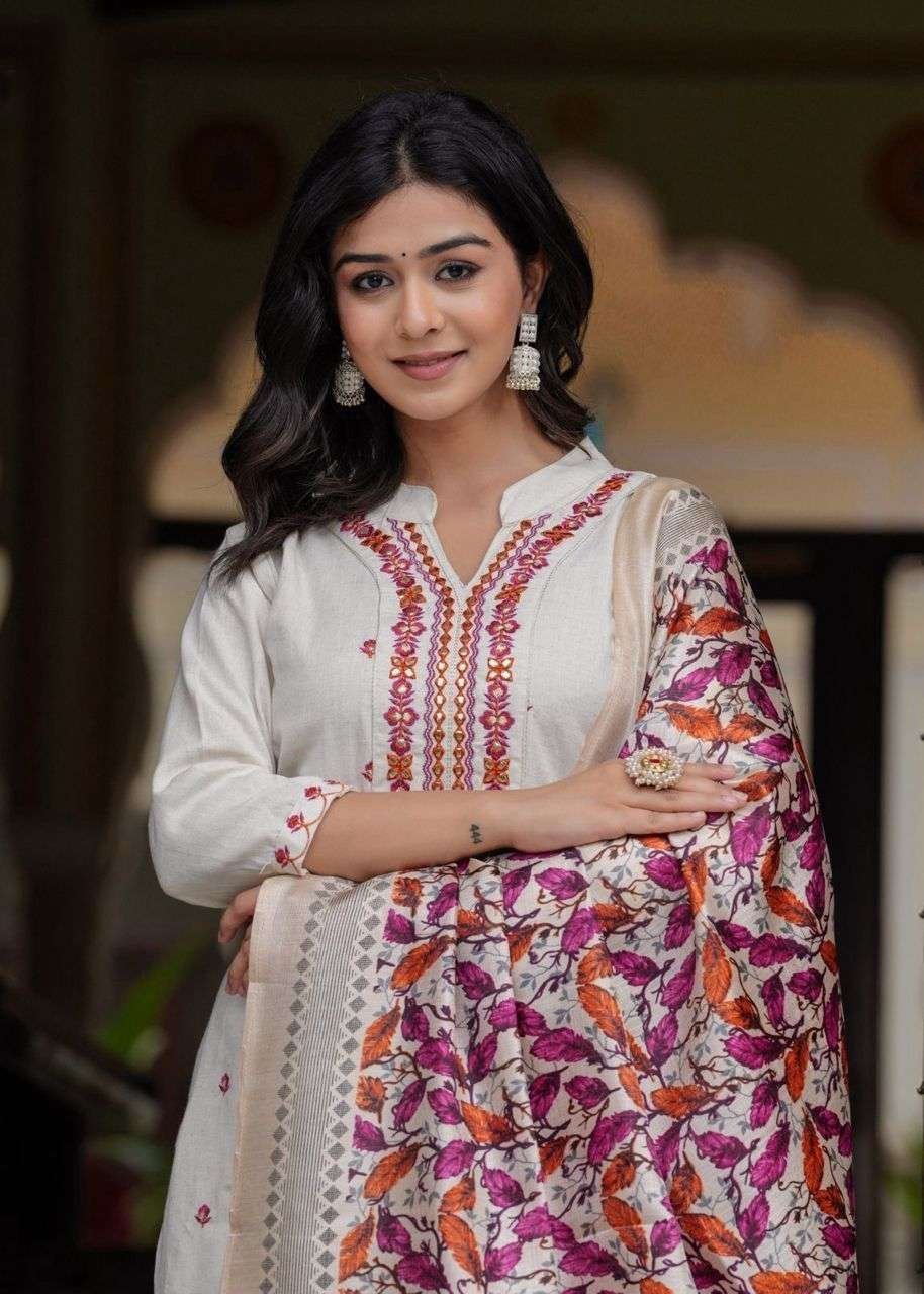 Women’s Cotton Embroidered Straight Kurti With Pant and Dupatta Set