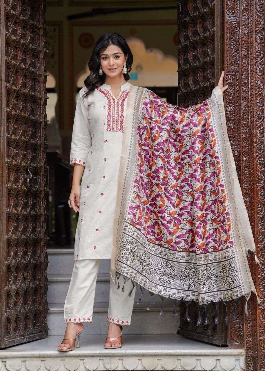 Women’s Cotton Embroidered Straight Kurti With Pant and Dupatta Set