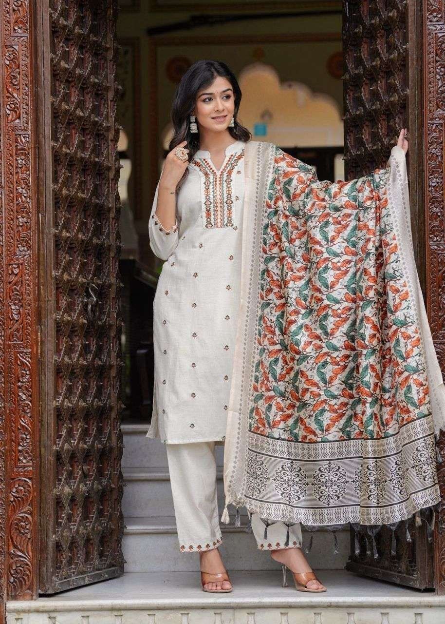 Women’s Cotton Embroidered Straight Kurti With Pant and Dupatta Set
