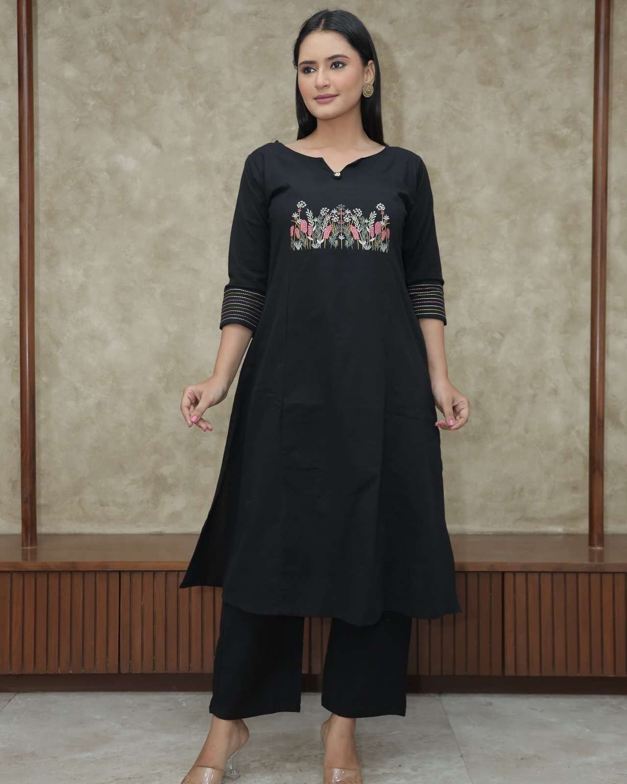 Women’s Cotton Embroidered Straight Kurti With Pant Set