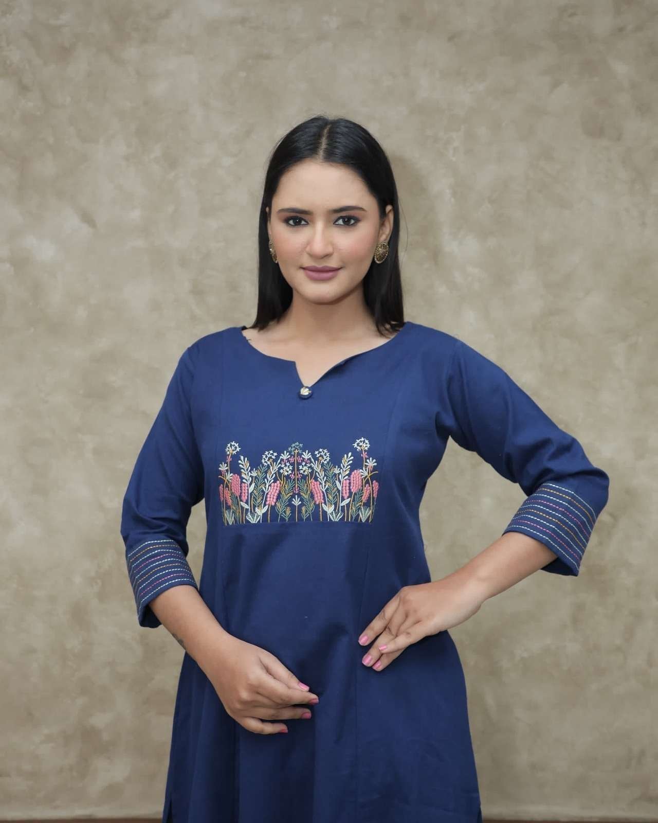 Women’s Cotton Embroidered Straight Kurti With Pant Set