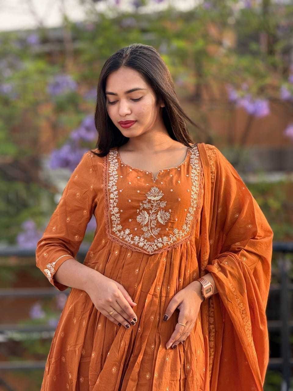 Women’s Cotton Embroidery Anarkali Kurti and Pant with Dupatta Set