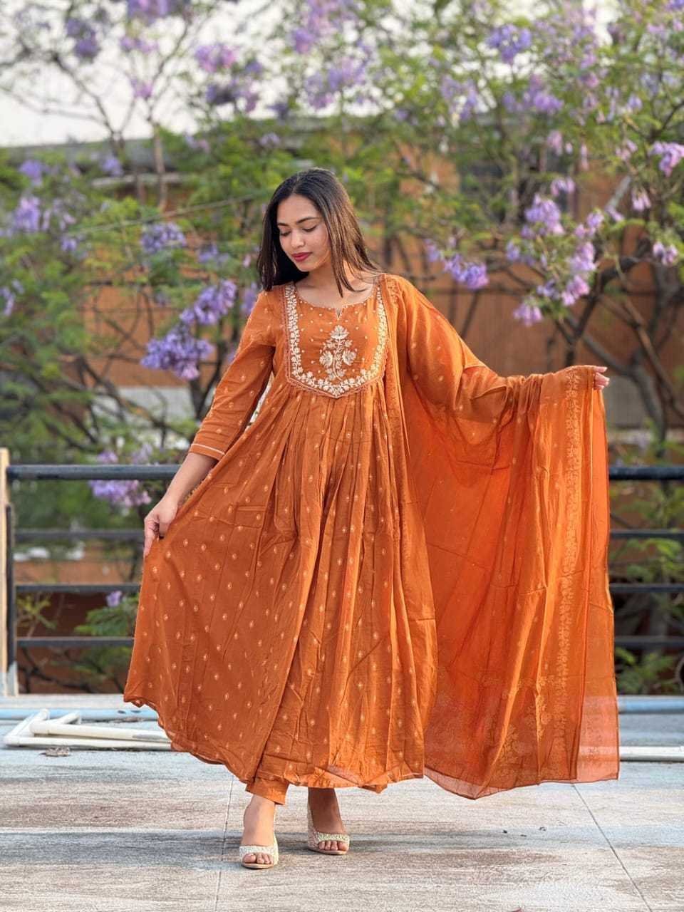 Women’s Cotton Embroidery Anarkali Kurti and Pant with Dupatta Set