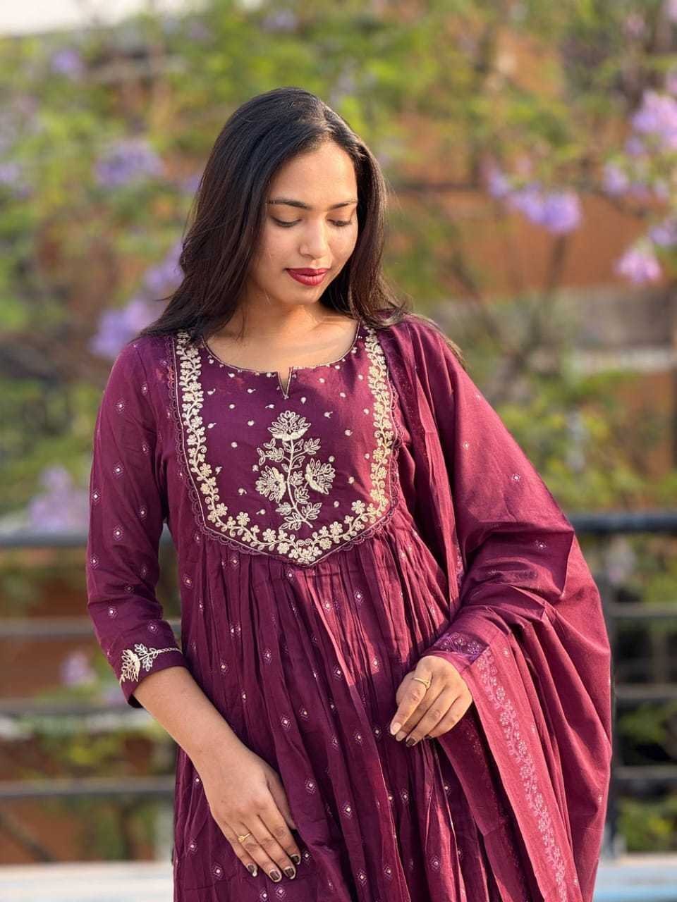 Women’s Cotton Embroidery Anarkali Kurti and Pant with Dupatta Set