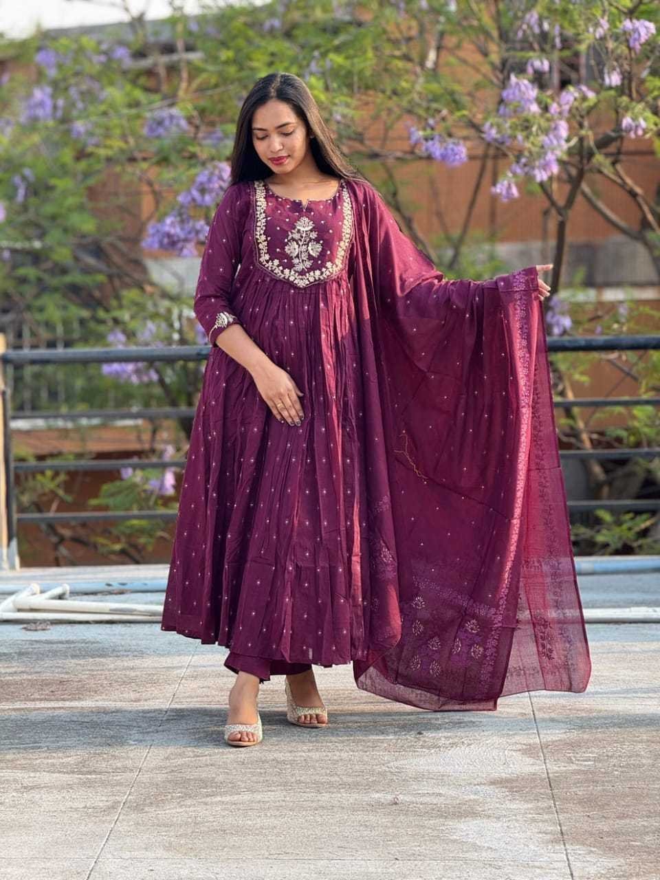 Women’s Cotton Embroidery Anarkali Kurti and Pant with Dupatta Set