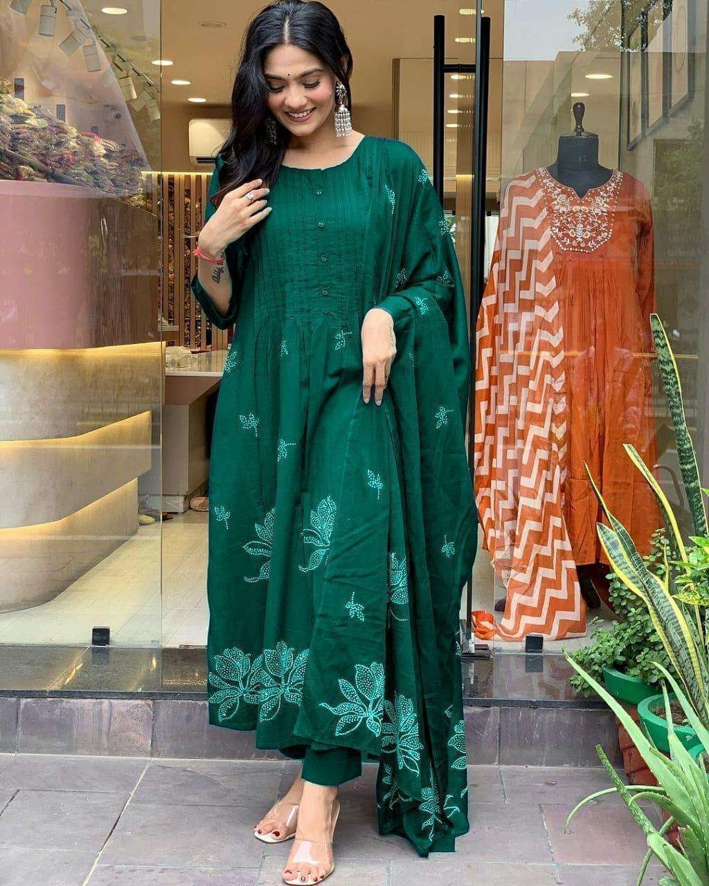 Women’s Cotton Embroidery Floral Printed Long Straight Kurti With Pant And Dupatta Set