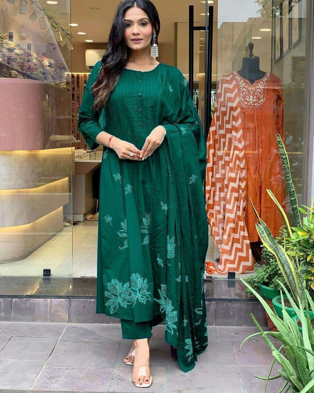 Women’s Cotton Embroidery Floral Printed Long Straight Kurti With Pant And Dupatta Set