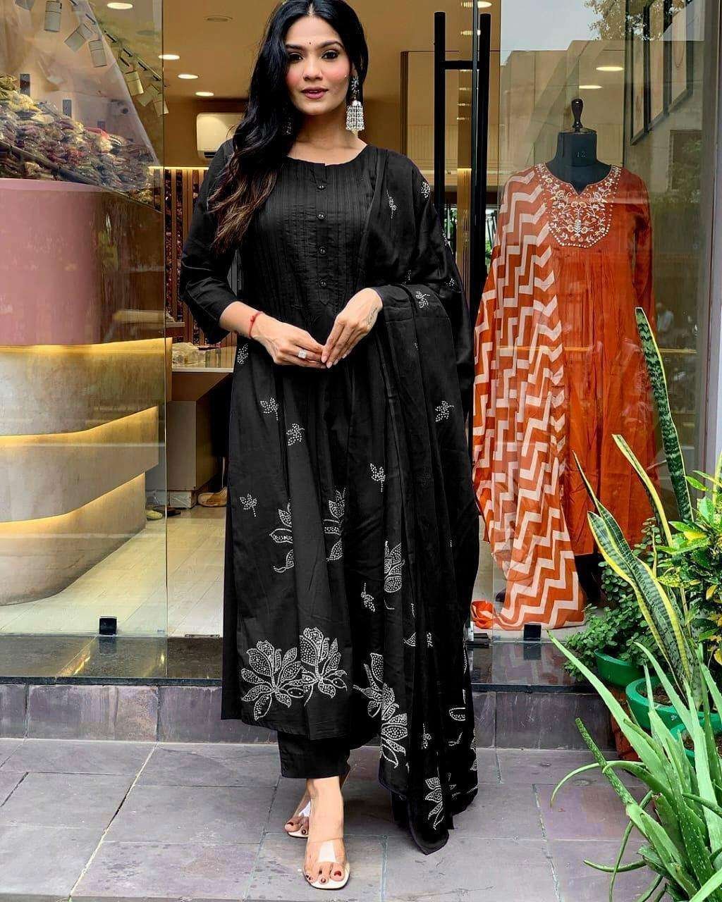 Women’s Cotton Embroidery Floral Printed Long Straight Kurti With Pant And Dupatta Set