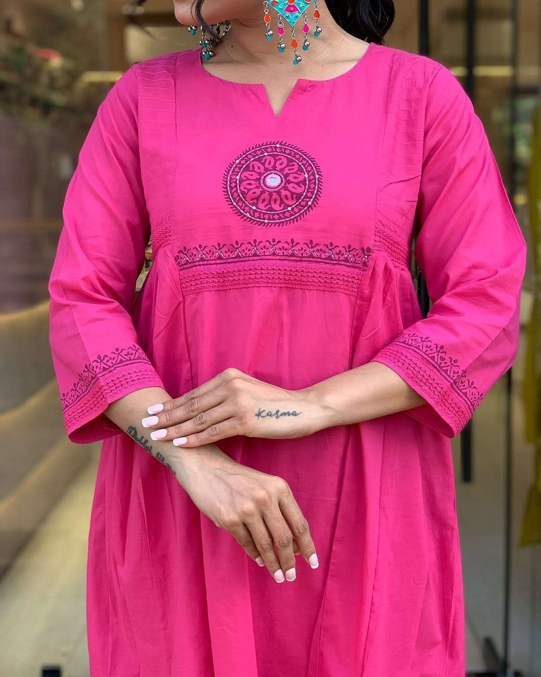 Women’s Cotton Embroidery Handblock Floral Kurti Pant With Dupatta Set