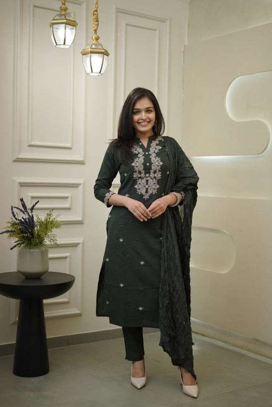 Women’s Cotton Embroidery Straight Kurti Pant With Dupatta Set