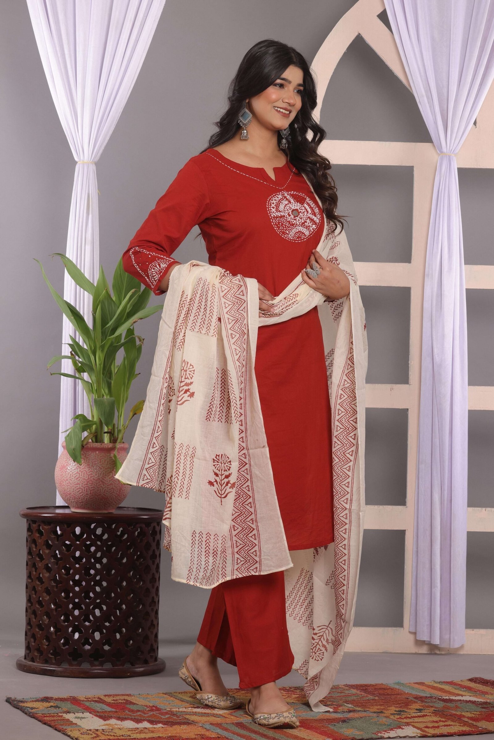 Women’s Cotton Embroidery Straight Kurti With Pant Set