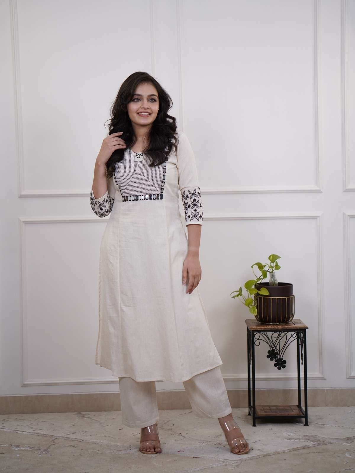 Women’s Cotton Embroidery Straight Kurti With Pant Set