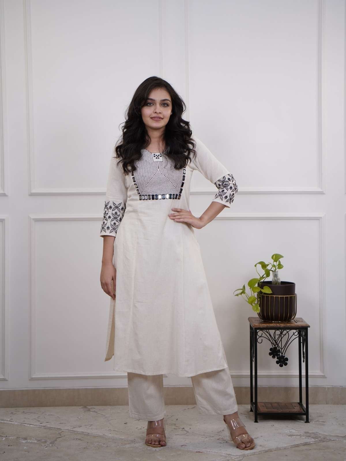 Women’s Cotton Embroidery Straight Kurti With Pant Set