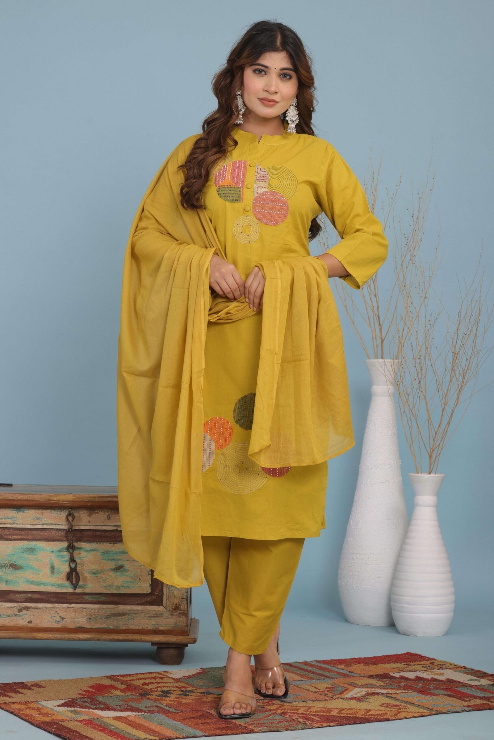 Women’s Cotton Embroidery Straight Kurti With Pant Set