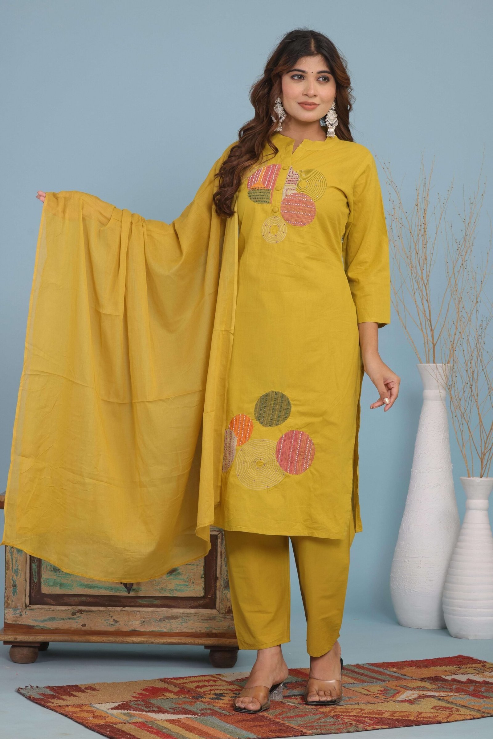 Women’s Cotton Embroidery Straight Kurti With Pant Set