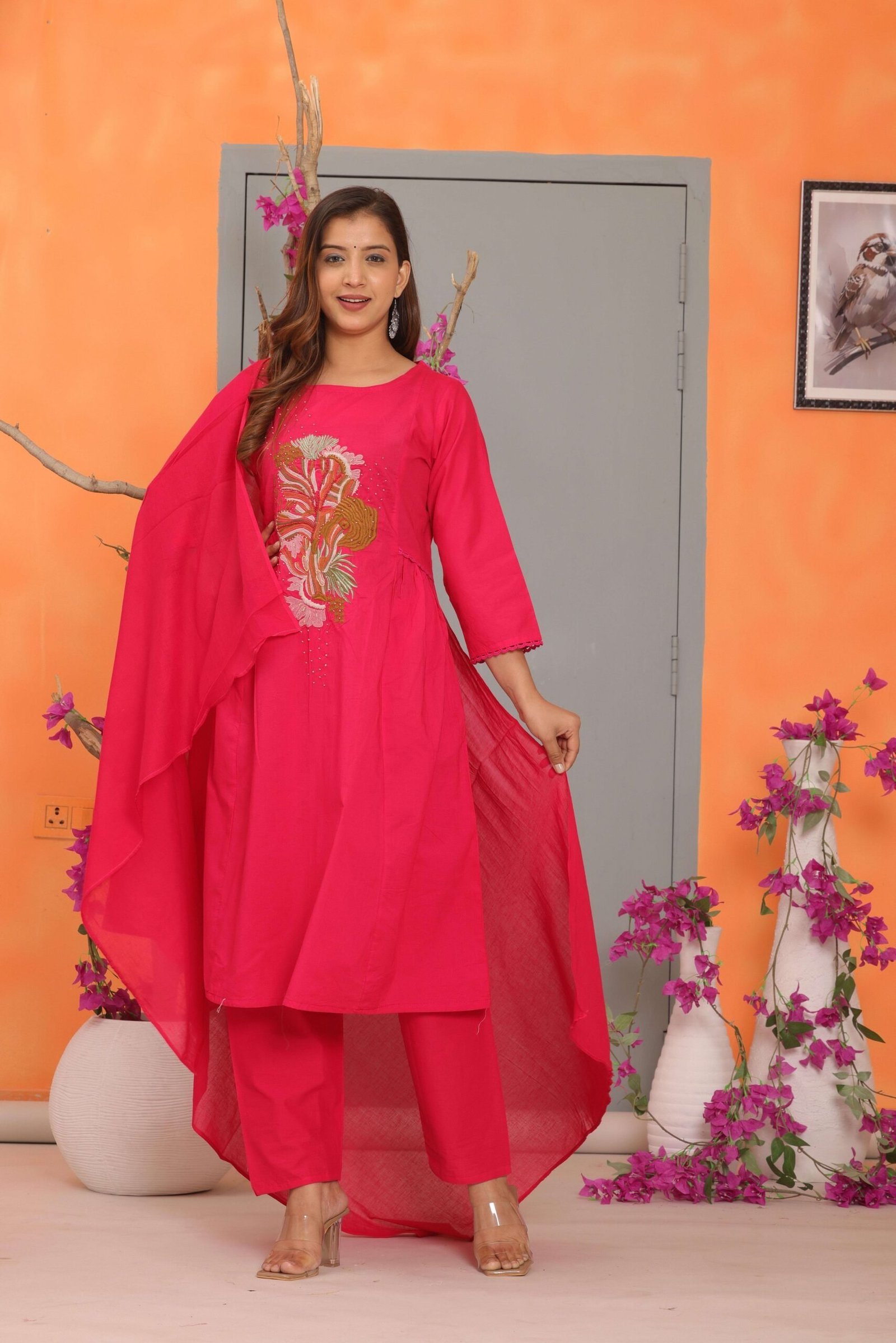 Women’s Cotton Embroidery Straight Kurti With Pant Set
