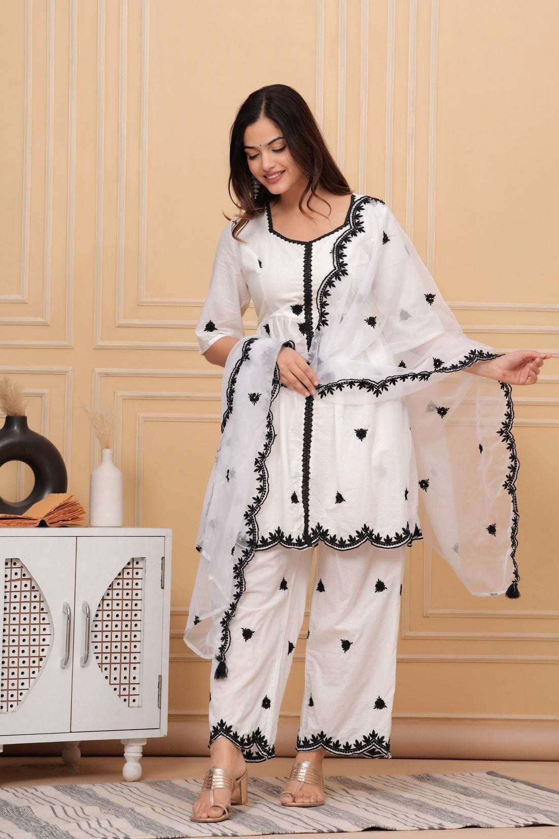 Women’s Cotton Embroidery Work Straight Kurti with pant and Dupatta Set