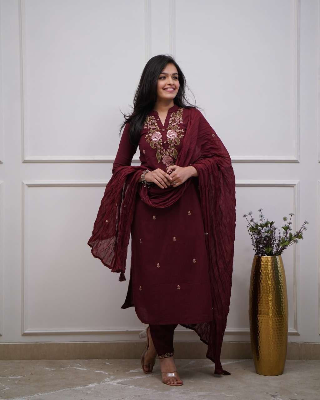 Women’s Cotton Embroidery work Straight kurti with Pant & mulmul dupatta set