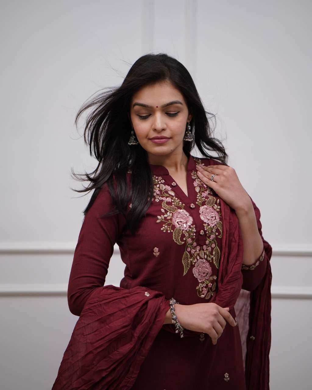 Women’s Cotton Embroidery work Straight kurti with Pant & mulmul dupatta set