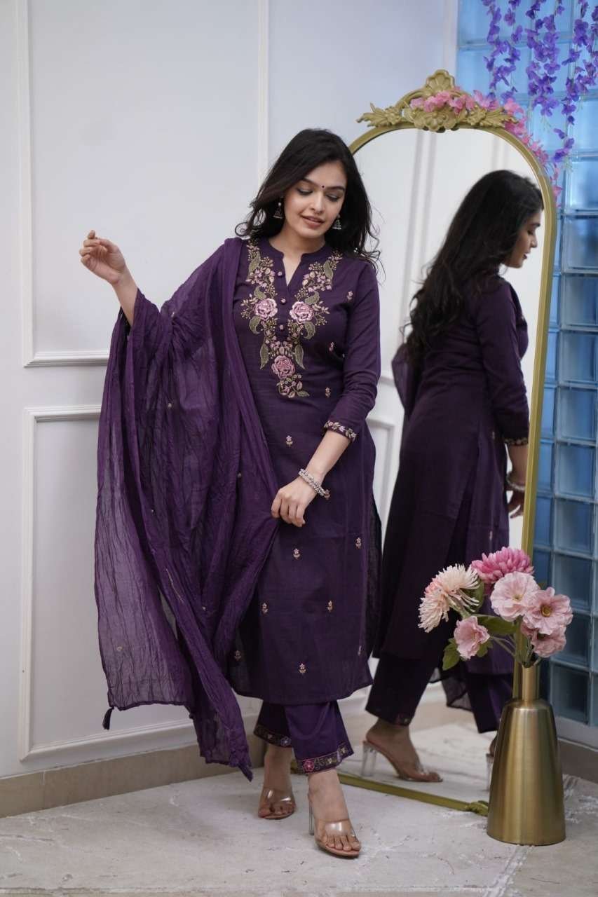 Women’s Cotton Embroidery work Straight kurti with Pant & mulmul dupatta set