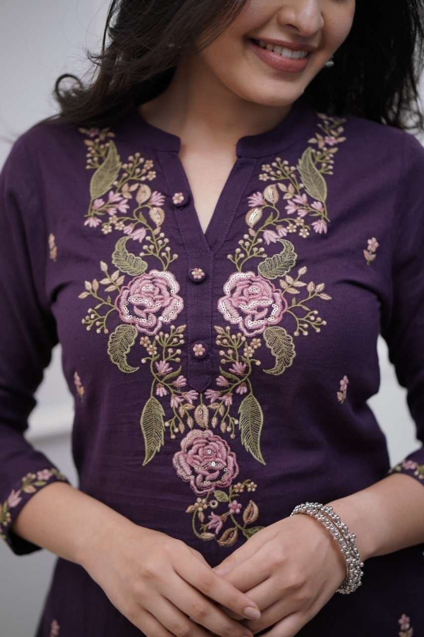 Women’s Cotton Embroidery work Straight kurti with Pant & mulmul dupatta set