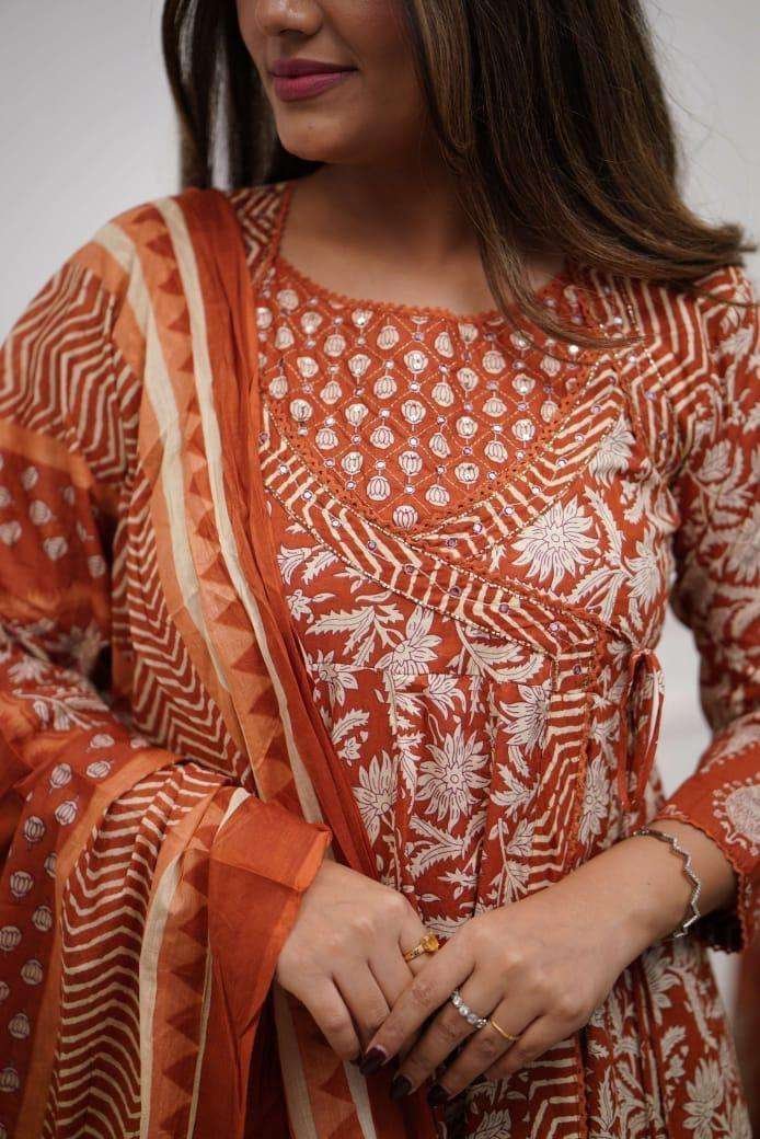 Women’s Cotton Floral Printed Anarkali Kurti With Pant and Mulmul Dupatta Set