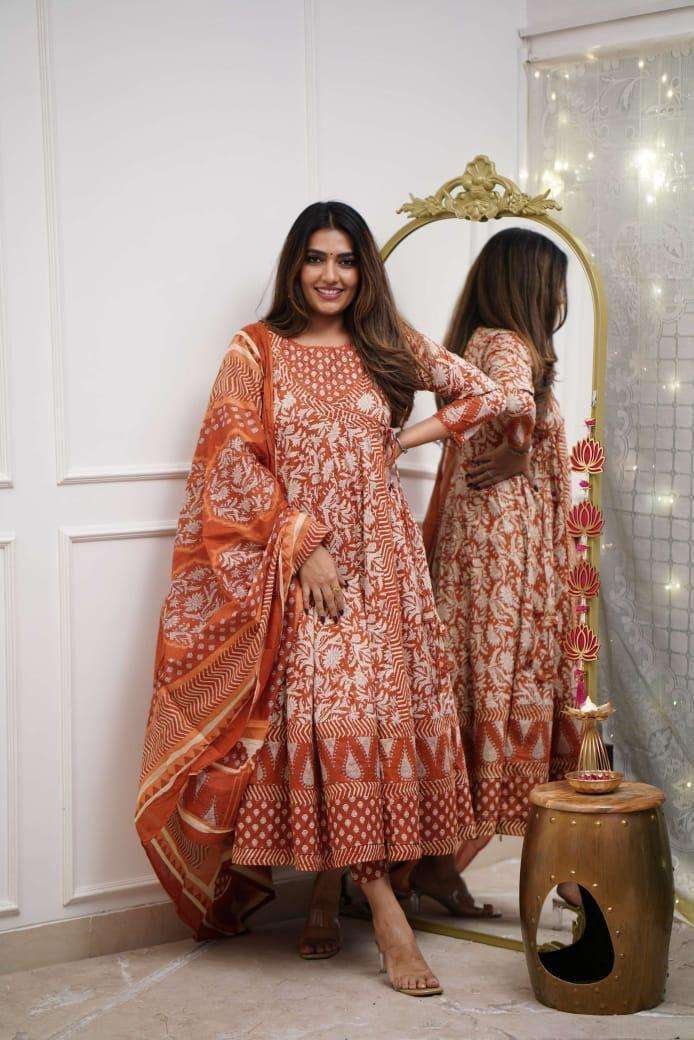 Women’s Cotton Floral Printed Anarkali Kurti With Pant and Mulmul Dupatta Set