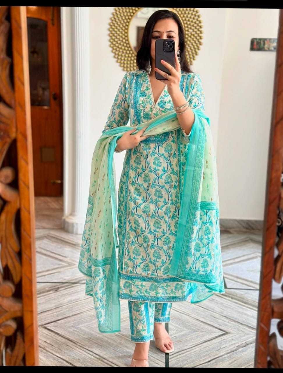 Women’s Cotton Floral Printed Anazrkali Kurti with Pant & Dupatta Set