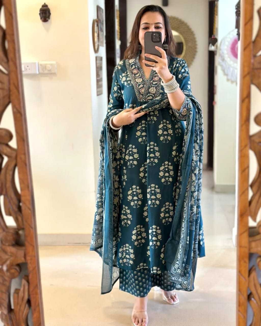 Women’s Cotton Floral Printed Anazrkali Kurti with Pant & Dupatta Set