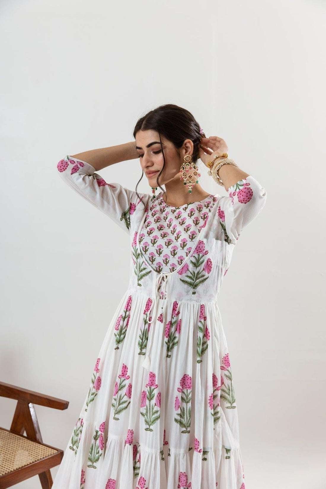 Women’s Cotton Floral Printed Long Anarkali Kurti with Pant and Dupatta