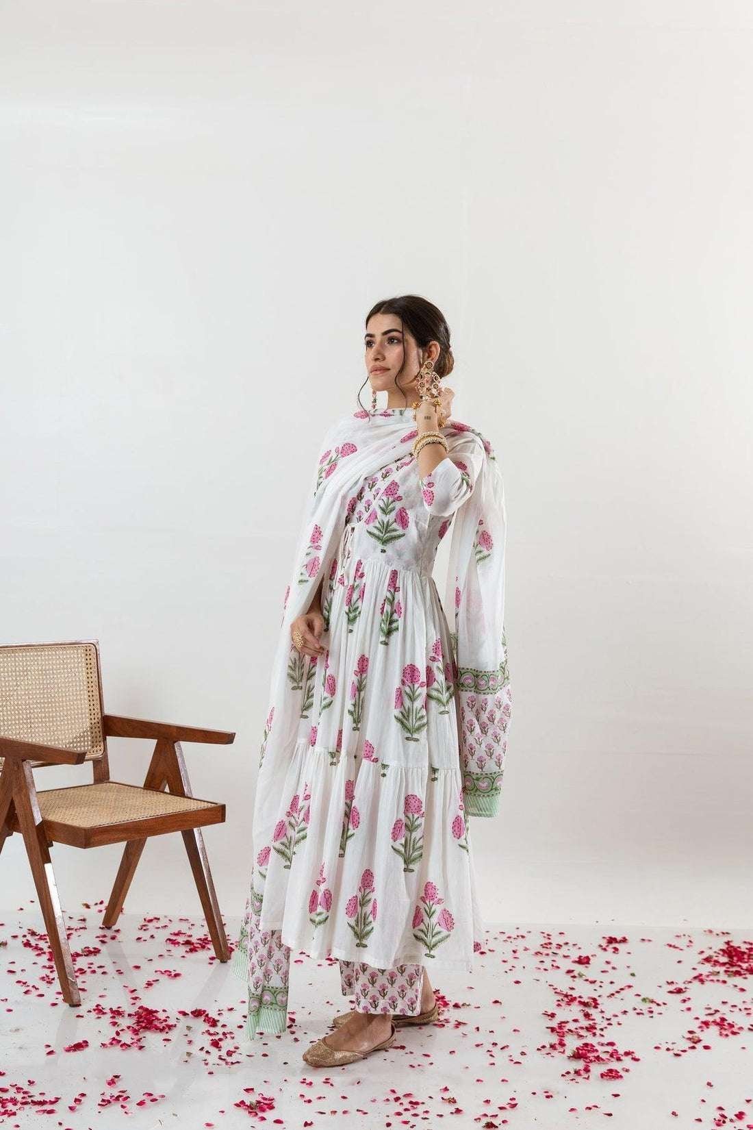Women’s Cotton Floral Printed Long Anarkali Kurti with Pant and Dupatta