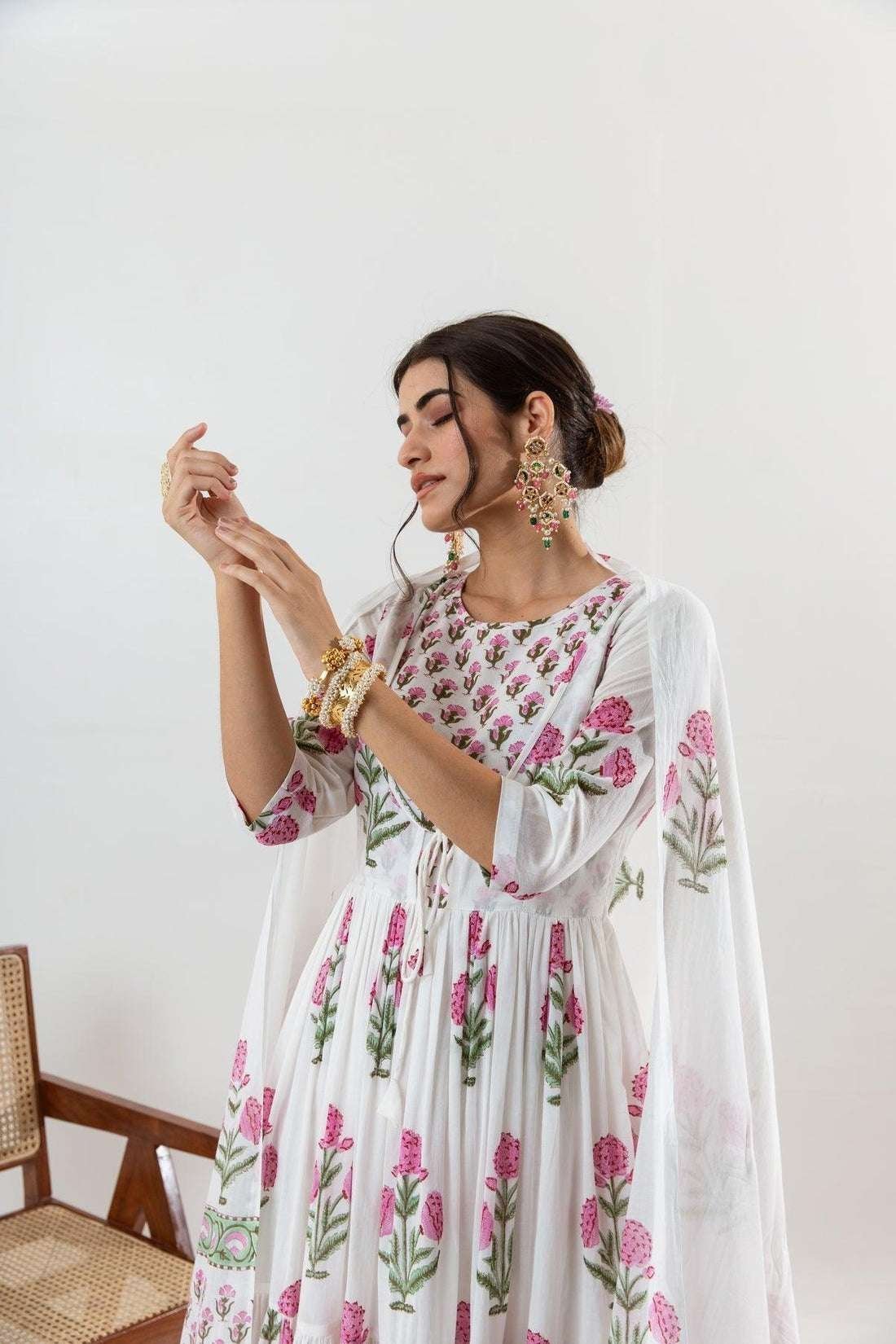 Women’s Cotton Floral Printed Long Anarkali Kurti with Pant and Dupatta