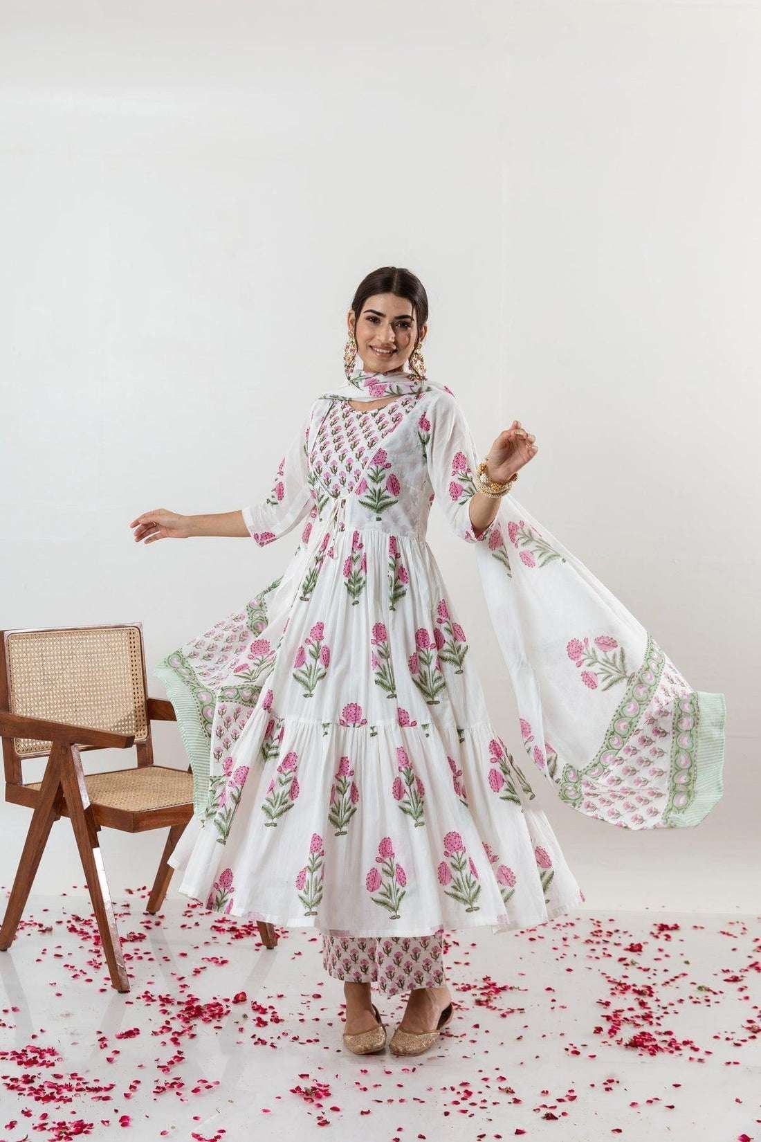 Women’s Cotton Floral Printed Long Anarkali Kurti with Pant and Dupatta