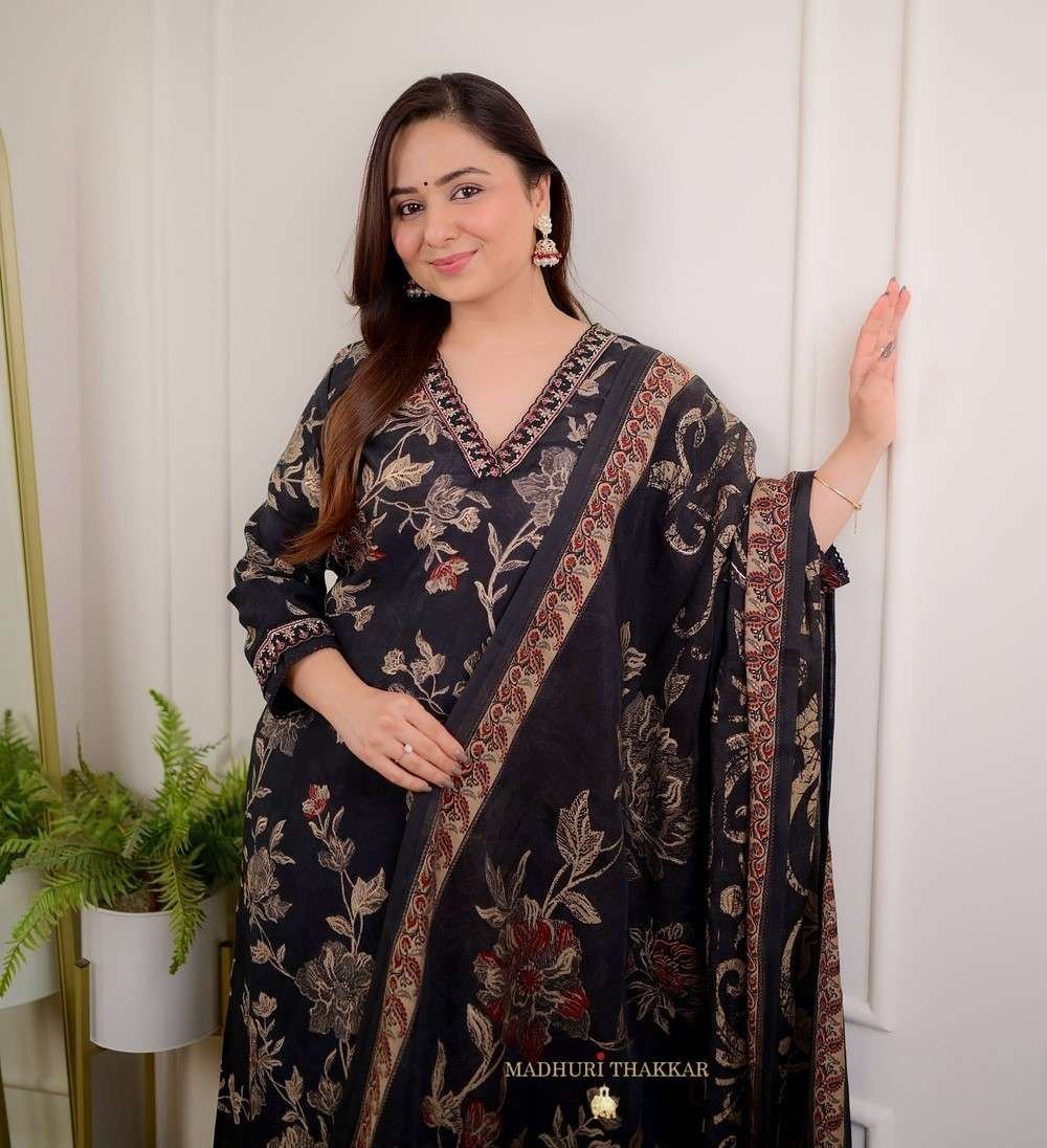 Women’s Cotton Floral Printed Straight Kurti With Afghani Style Pant and Dupatta Set (Black)