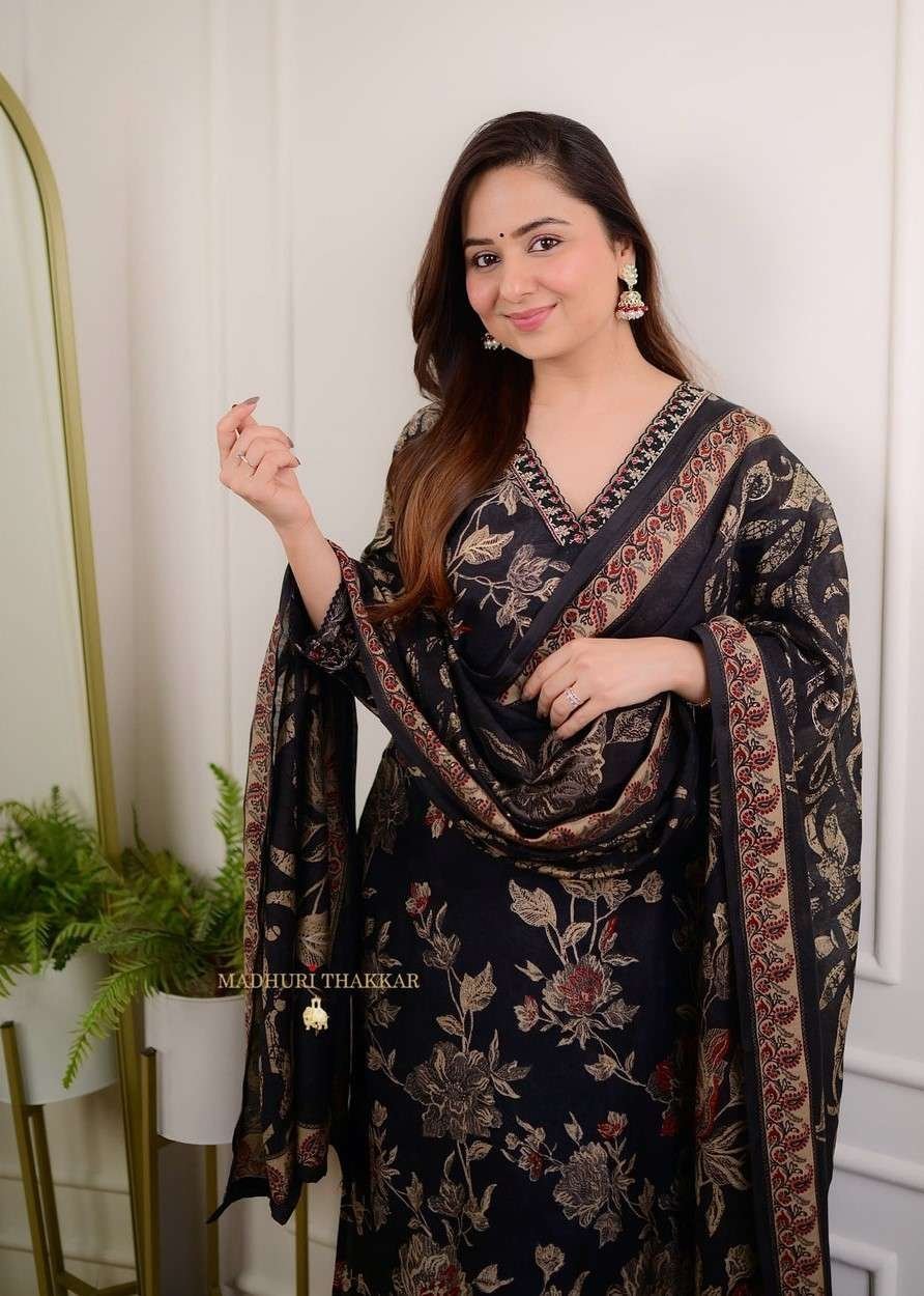 Women’s Cotton Floral Printed Straight Kurti With Afghani Style Pant and Dupatta Set (Black)