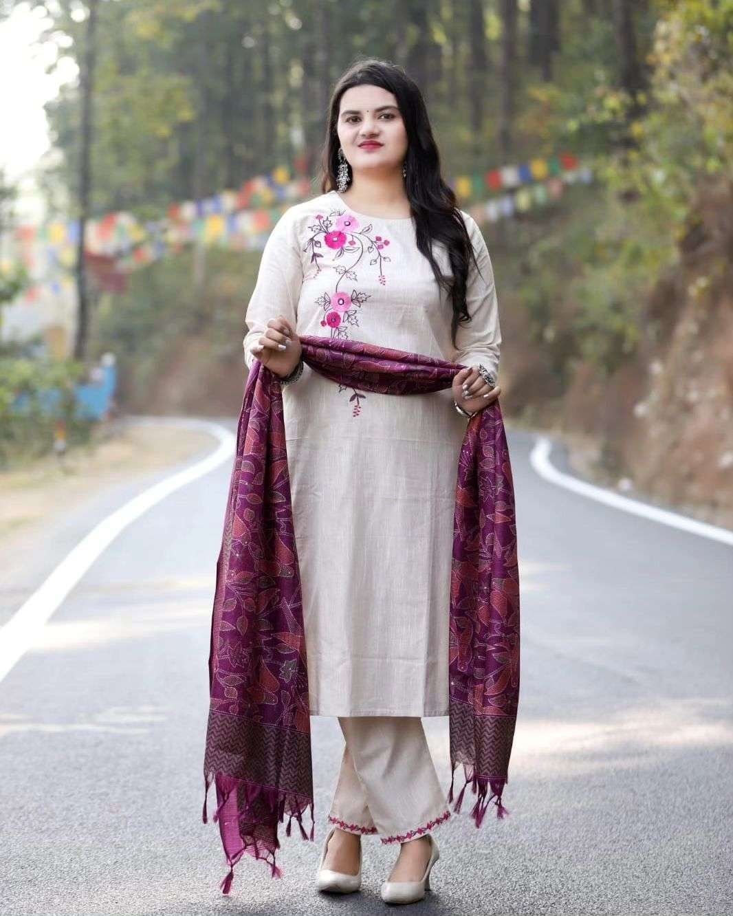 Women’s Cotton Floral Printed Straight Kurti with Pant and Dupatta Set