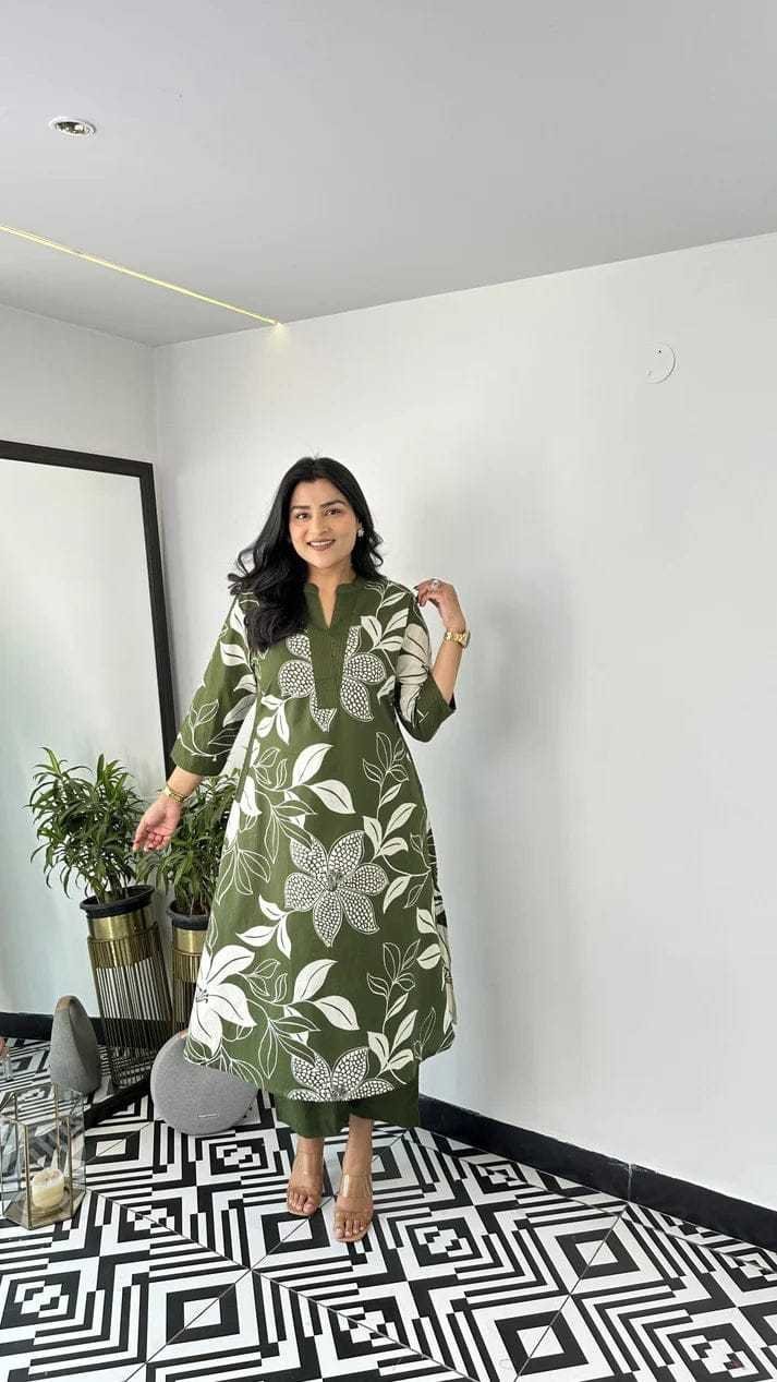Women’s Cotton Floral Printed Straight Kurti With Pant Set