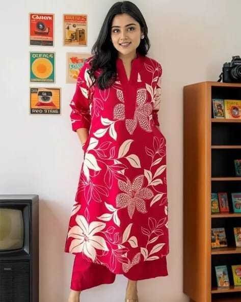 Women’s Cotton Floral Printed Straight Kurti With Pant Set